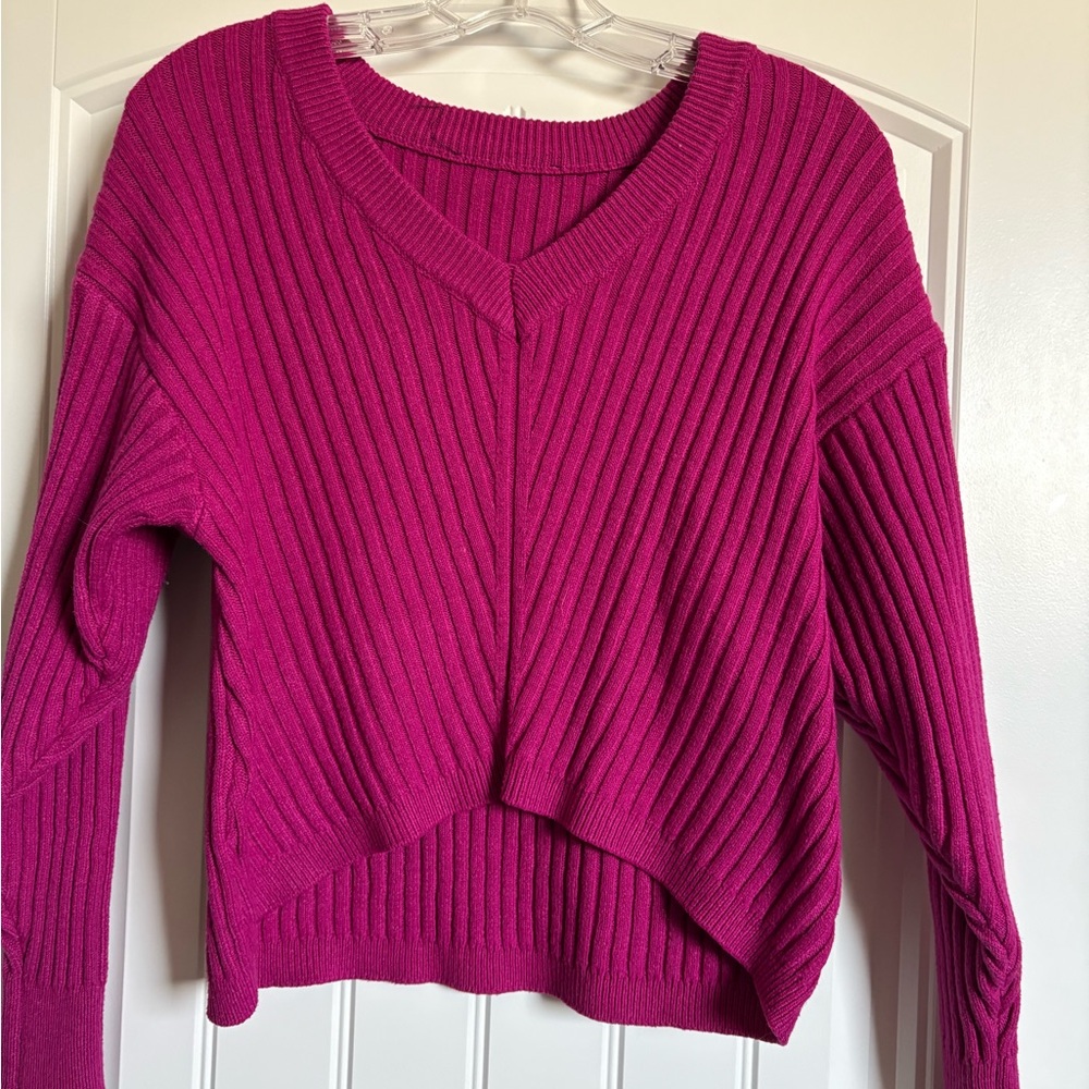 Lulu's Fuchsia V-Neck Ribbed Sweater
